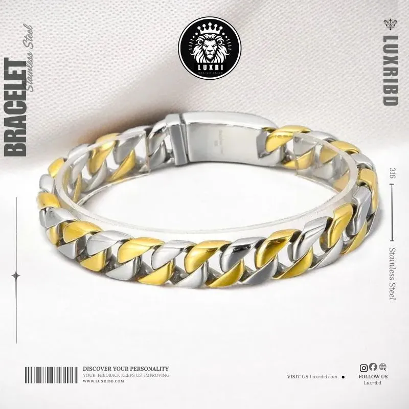 12mm Heavy Duty Gold & Silver Cuban Bracelet for Men 316L Stainless Steel 9 Inch