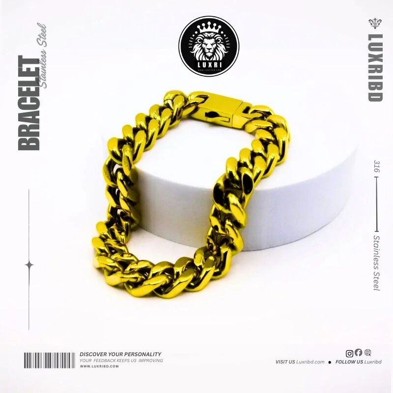 18K Gold Plated Cuban Link Bracelet for Men 10mm Wide High Polished Stainless Steel Hip-Hop Chain