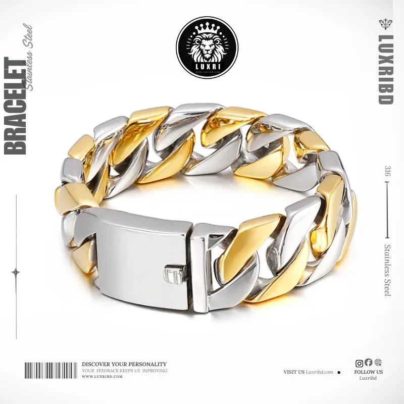 20mm Heavy Gold & Silver Cuban Chain Bracelet for Men 316L Stainless Steel 20cm