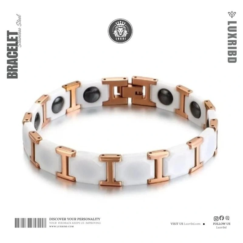 LuxriBD 12MM Golden Tungsten & White Ceramic Magnetic Link Bracelet