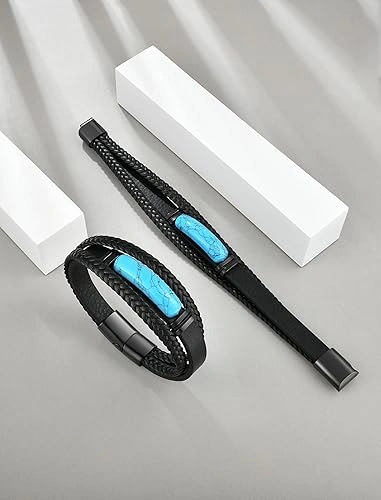LuxriBD Men’s Turquoise Leather Bracelet Natural Stone Beaded Bracelet for Men