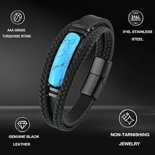 LuxriBD Men’s Turquoise Leather Bracelet Natural Stone Beaded Bracelet for Men