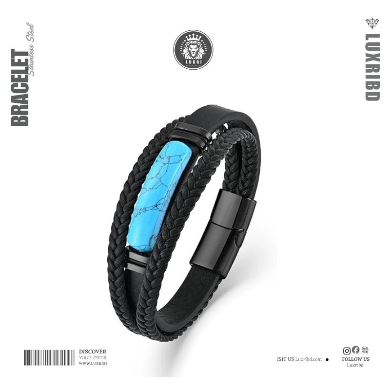 LuxriBD Men’s Turquoise Leather Bracelet Natural Stone Beaded Bracelet for Men