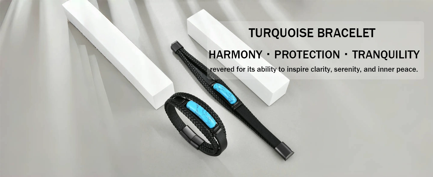 LuxriBD Men’s Turquoise Leather Bracelet Natural Stone Beaded Bracelet for Men