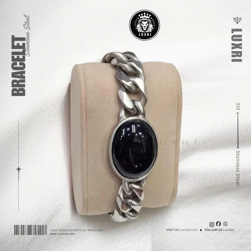 12mm Wide Stainless-Steel Silver Plated Salman Khan Style Bracelet – Black Stone Cuban Chain