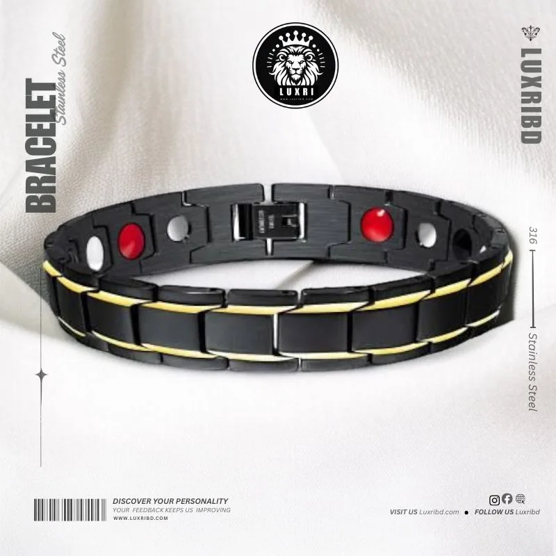 Titanium Steel Magnetic Health Bracelet for Men – 9mm Wide, Black, Ceramic & Metal
