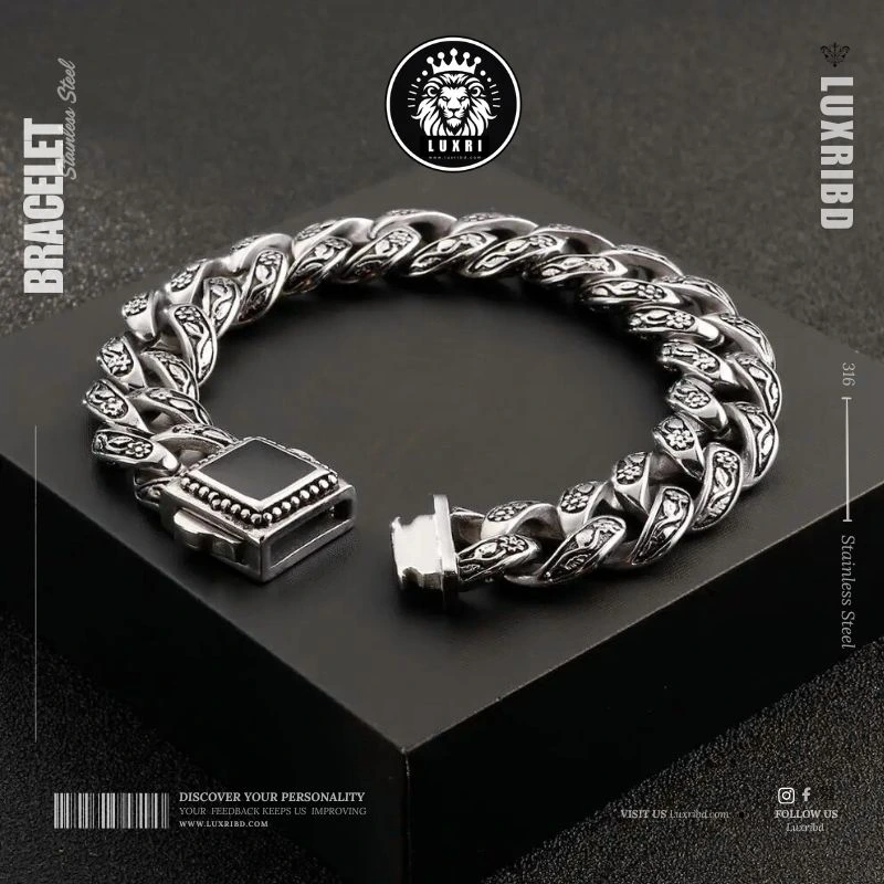 LuxriBD The Monarch Bracelet – Heavy Men’s Stainless Steel Curb Link Bracelet with Black Onyx Clasp | Hand Forged